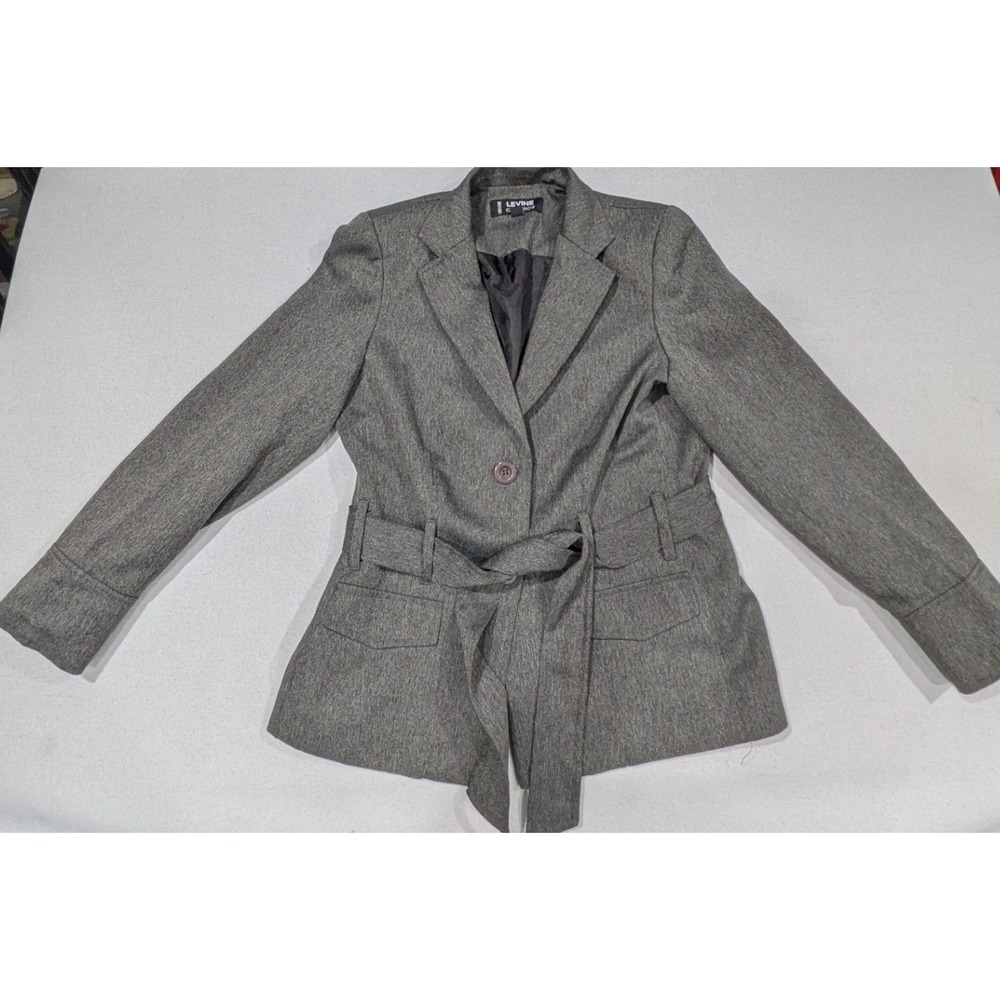 Larry Levine Blazer Jacket Women 12 Grey Excellent Belted Herringbone Business